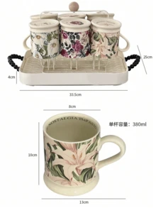1 Set Of 6pcs 300ml [With 3pcs Spoons] Retro Glazed Floral Mugs, Heat-Resistant Ceramic Tea Cup Set, High-End Housewarming Gift - Multicolor - View 6