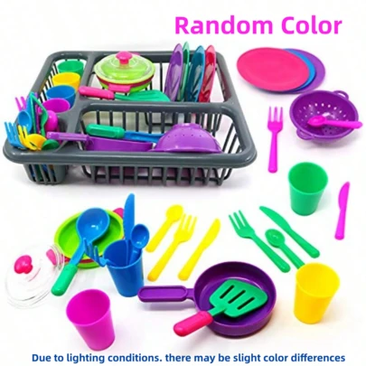 27pcs Children's Kitchen Utensils Toy Set (Random Color) - Realistic Cooking And Dining Toy Set, Including Pots, Pans, Plates, Cups And Cutlery, Mini Chef Role Play Toy, Suitable For Toddlers And Kids Holiday Gift