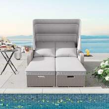 Double Poly-Rattan Garden Furniture Set, Garden Sofa, Reclining Sofa, Removable Canopy, Poly-Rattan And Sponge, Khaki - Khaki - View 4