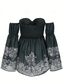 Elegant Bohemian-Style A-Line Mini Skirt With Airy Shoulders, Flared Sleeves, And An Asymmetrical Hem. Perfect For Women's Summer Wear On July 4th. - 墨綠色 - 查看 3