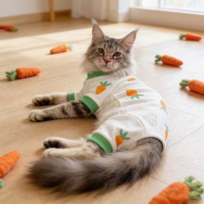 胡萝卜印花，甜樱桃图案猫咪高领家居服，无毛猫和德文卷毛猫全身包裹防掉毛可水洗宠物服装，适合所有猫咪品种