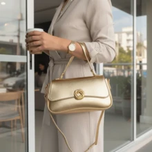 Elegant Structured Women's Handbag With Removable Strap. Made Of Premium Synthetic Leather. - Gold - View 2