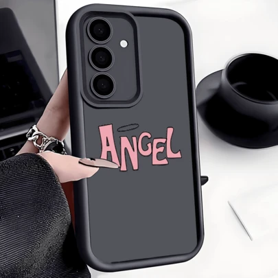 1pc Angel English Letter Cute Personalized Pink Color Fashion Retro Minimalist European And American Style For Women, Matte Black Lens Frame Stepped Design Full Protective Soft Case, Compatible With Samsung/Galaxy///Honor//Moto/Transsion/Apple Phones