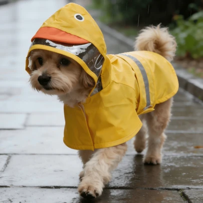 带帽防水狗狗雨衣，配有透明帽檐和反光条，可爱鸭子、青蛙、鲨鱼图案，适合户外散步和雨天穿着。