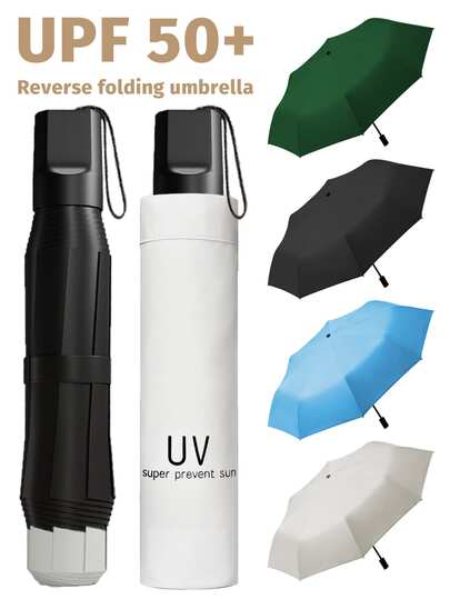 1pc Fully Automatic Umbrella, One-Button Open, High Water Repellent, UPF50+, Black Coating Anti-UV, Sunshade Umbrella, Suitable For Sunny And Rainy Days, 190T Polyester Canopy, 8 Rib Iron Frame, Casual & Minimalist Style, Portable Travel Umbrella, Outdoor Sun Shade, UV Reverse Folding Umbrella, Solid Color Business Umbrella,Umbrella