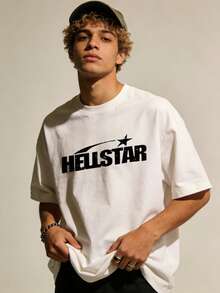 Men's "HELLSTARs" Logo Graphic White T-Shirt Casual Cotton Tee For Streetwear And Daily Wear, Crew Neck, Casual, Graphic Tee, Urban Style, Street Style, Daily Wear, Casual Outings, Music Events, Urban Fashion. - White - View 3