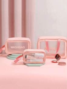 1pc PVC Transparent Large Capacity Cosmetic Bag, PU Waterproof Portable Toiletry Bag, Women's Handheld Travel Organizer, Pink - Pink - View 5