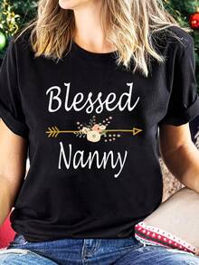 Camiseta lisa con estampado gráfico de  Nanny Camiseta estampada de cuello redondo, top informal de manga corta - Negro - Ver 1