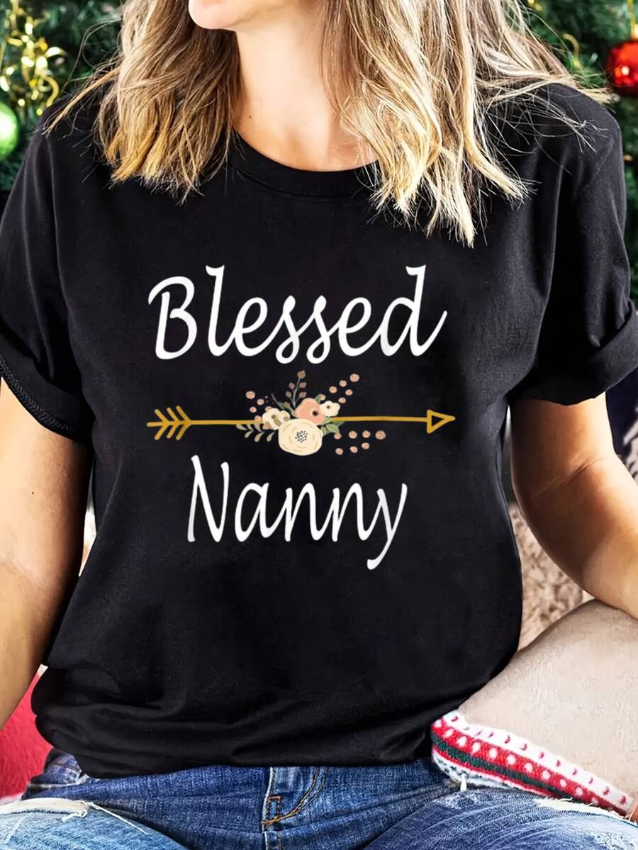 Camiseta lisa con estampado gráfico de Nanny Camiseta estampada de cuello redondo, top informal de manga corta - Negro - Ver 1
