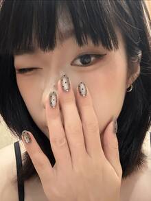 10片椭圆形法式美甲贴纸，手工制作，灰黑色波点玻璃仿珍珠猫眼钻石图案，适合女孩日常佩戴或作为节日礼物，按压式美甲贴片 - 黑色 - 查看 2