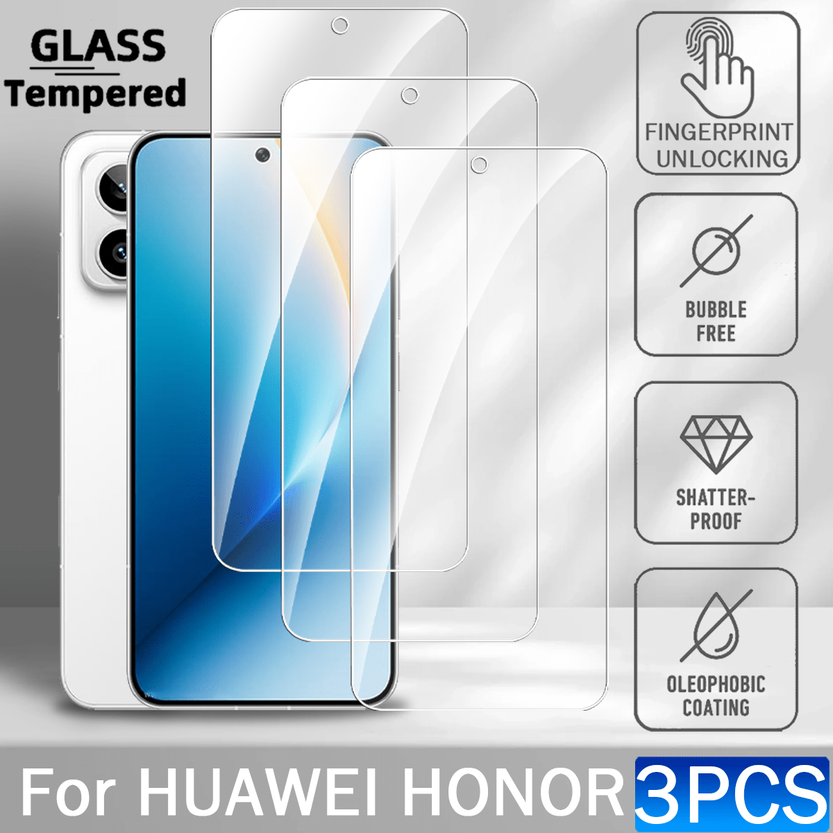 华为荣耀手机专用钢化玻璃屏幕保护膜3片装，防刮花，无气泡，高清，9H硬度，兼容手机壳 - 無色 - 查看 60