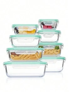 8 piece glass food storage container with leak-proof lid-seal meal preparation and bento box, refrigerator replacement storage box for microwave, oven, refrigerator and dishwasher, perfect for fruits, vegetables and salads, multi-purpose kitchenware | multi-size container | safety lock lid - Multicolor - Ver 12