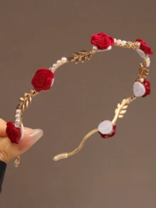 1pc Rose Faux Pearl Headband, Retro French Elegant Hair Accessory - Multicolor - View 2