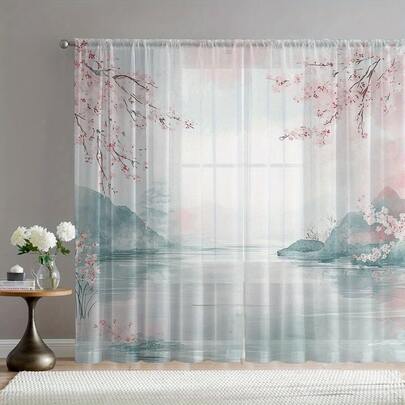 2PCS Landscape Cherry Blossom Chinese Style Freehand Printed Sheer Curtains, Beautiful Chinese Style With Pole Bag Decorative Window Screens, Elegant Home Sheer Curtains, Suitable For Kitchens, Cafes, Living Rooms, Balconies, Gardens