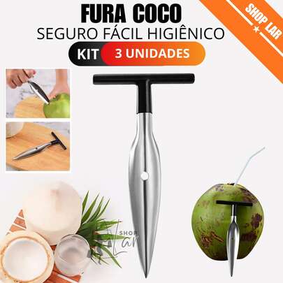 Kit 3 Pçs Fura Coco Abridor Manual Em Aço Inox Profissional Resistente Seguro Fácil Higiénico