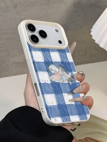 1pc Oil Painting Texture Blue & White Checkerboard Shell Pattern Litchi Grain Anti-Drop Anti-Slip Soft Phone Case Compatible With Apple, Phones - Multicolor - View 4