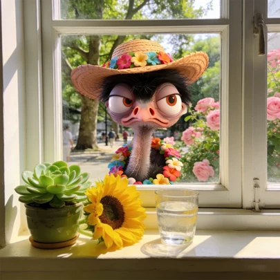 1/2 piezas Divertidos adhesivos de ventana con avestruz asomándose, animal cómico con sombrero, adhesivos de vidrio electroestáticos reutilizables, adecuados para decoraciones novedosas en salas de estar, cocinas, cafés, etc.