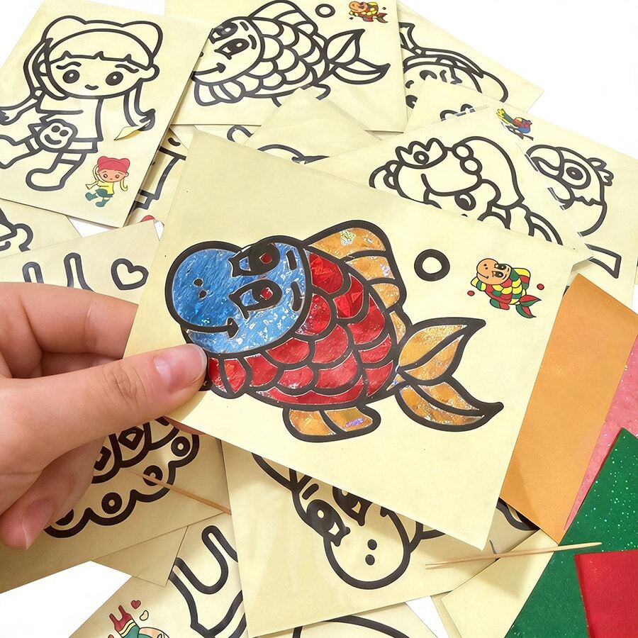 1/10/50pcs Kids Magic Shiny Sticker Art, Kindergarten DIY Craft Sticker Painting, Colorful Sticker, Back To School Classroom Gift Toy (Includes Shiny Paper + Random Pattern + No Bamboo Stick)