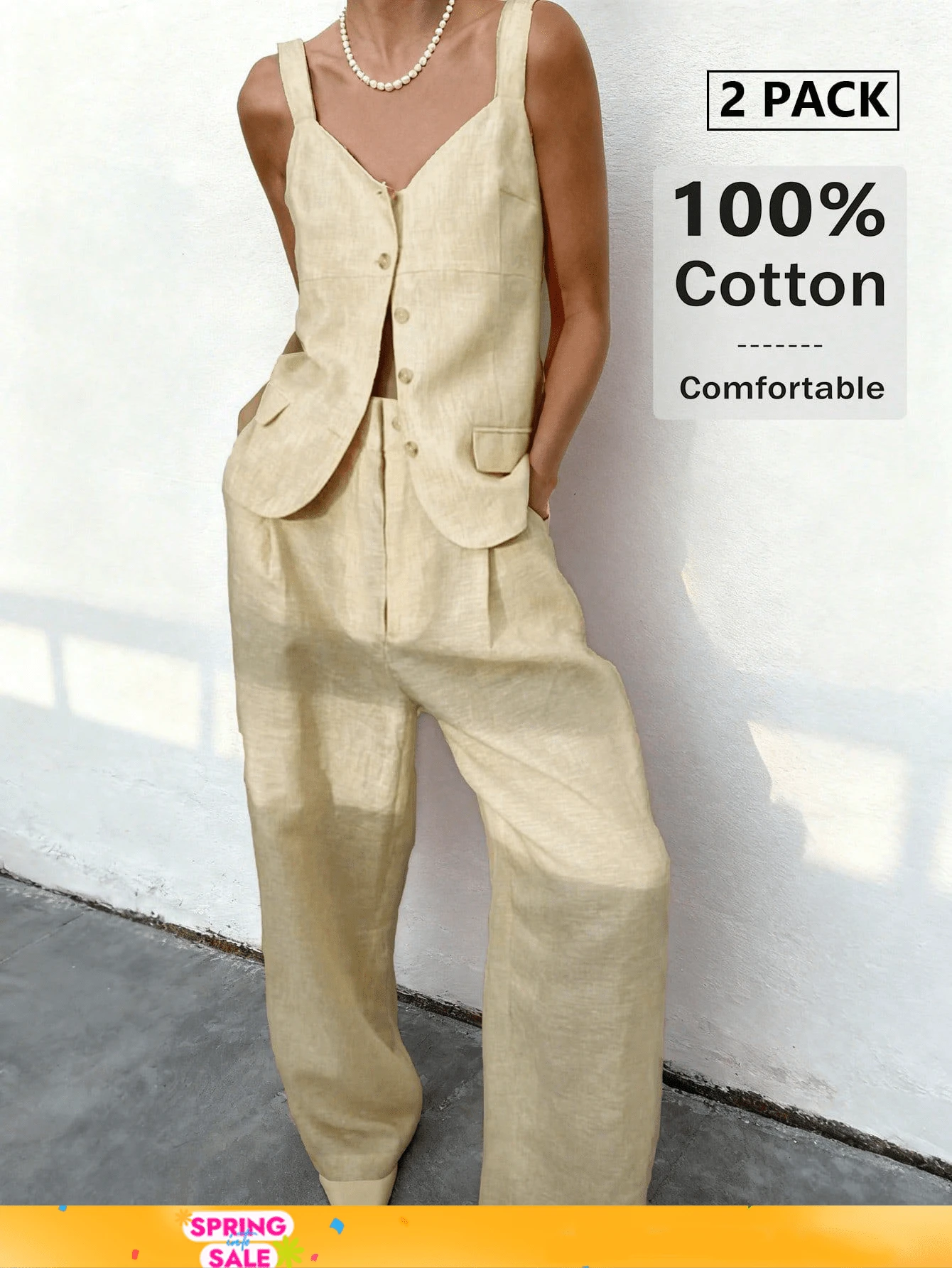 2026复古风100%纯棉两件套，亚麻色宽松背心搭配阔腿裤，简约度假风，修身剪裁，舒适透气面料，是夏季度假的理想之选，时尚休闲居家服，完美契合海滩度假风，必备的高级基础款，轻松打造精致优雅造型。 - 黃色 - 查看 1