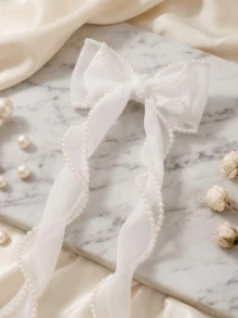 1个珍珠装饰蝴蝶结发夹，优雅女士发饰，适合婚礼、派对、海滩、日常佩戴，夏季适用 - 白色 - 查看 2