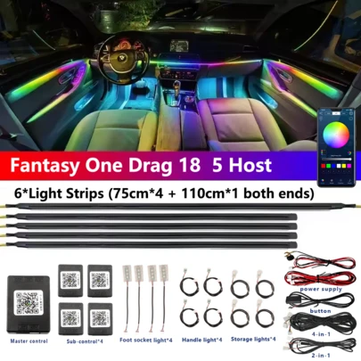 18 In 1 Car Interior Light Strip Acrylic Ambient Neon LED Accessories RGB Colorful Backlight Symphony Hidden Atmosphere Decorative Lamp