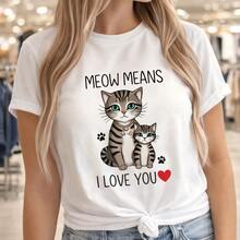 1 pieza, camiseta de algodón de talla grande para mujer, con diseño de gato lindo, para mamá e hija, con la frase "Meow significa te amo". Ideal para uso diario, regalos de cumpleaños, regalos de Navidad, regalos de Halloween o como camiseta conmemorativa para amigos o seres queridos. También es adecuada como camiseta de manga larga. Entrega rápida. - Blanco - Ver 6