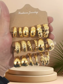 4-18件套金属水滴形弧形耳环套装，金银色调，低过敏性厚实设计，简约优雅，适合搭配各种服饰 - 金色 - 查看 1