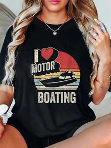 Camiseta de cuello redondo con estampado vintage retro "I Love Motor". Camiseta de cuello redondo estampada, top informal de manga corta. - Negro - Ver 1