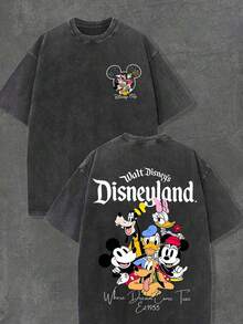 T-shirt d'été pour homme à manches courtes, en pur coton lavé, motif Disney Mickey et ses amis, effet vieilli, coupe unique, tissu en pur coton, confortable et respirant, style streetwear décontracté, col rond ; une marque de mode de haute qualité, le cadeau surprise idéal pour la famille et les amis. - Noir - Voir 2