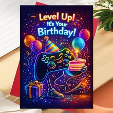 1 张贺卡 + 1 个信封，1 张电子游戏爱好者生日贺卡，送给青少年男孩，庆祝他的生日，贺卡图案包含游戏手柄、蛋糕、气球和礼物。 - 多色 - 查看 8