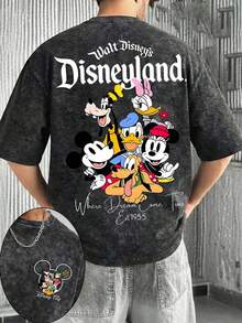 T-shirt d'été pour homme à manches courtes, en pur coton lavé, motif Disney Mickey et ses amis, effet vieilli, coupe unique, tissu en pur coton, confortable et respirant, style streetwear décontracté, col rond ; une marque de mode de haute qualité, le cadeau surprise idéal pour la famille et les amis. - Noir - Voir 1