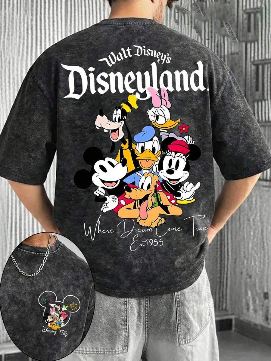 T-shirt d'été pour homme à manches courtes, en pur coton lavé, motif Disney Mickey et ses amis, effet vieilli, coupe unique, tissu en pur coton, confortable et respirant, style streetwear décontracté, col rond ; une marque de mode de haute qualité, le cadeau surprise idéal pour la famille et les amis. - Noir - Voir 1