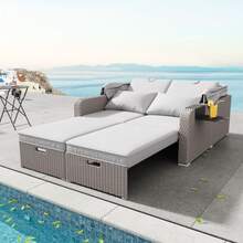 Double Poly-Rattan Garden Furniture Set, Garden Sofa, Reclining Sofa, Removable Canopy, Poly-Rattan And Sponge, Khaki - Khaki - View 2