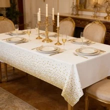 1pc 54" X 108" Gold Polka Dot Disposable Plastic Tablecloth, Rectangular Table Cover, Colorful Paper Confetti Tablecloth For Outdoor Birthday Wedding Baby Shower Party Tabletop Decor - White Background With Gold Dots - View 4