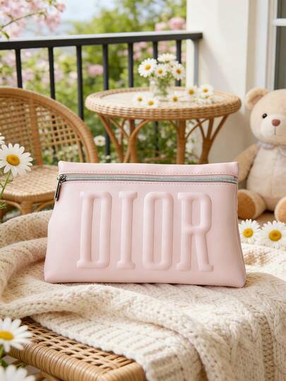 Dior Elegant Pink Embossed Letter PU Leather Cosmetic Bag, Portable Organizer