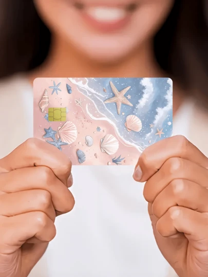 1pc Pink Beach Credit Card Sticker, Summer Ocean Decor, PVC Material Anti-Fingerprint Durable Anti-Scratch, Suitable For Men, Women, Couples, Small Chip Cards, Bank Cards, Credit Cards, Transportation Cards, Student ID Cards DIY, Privacy Protection