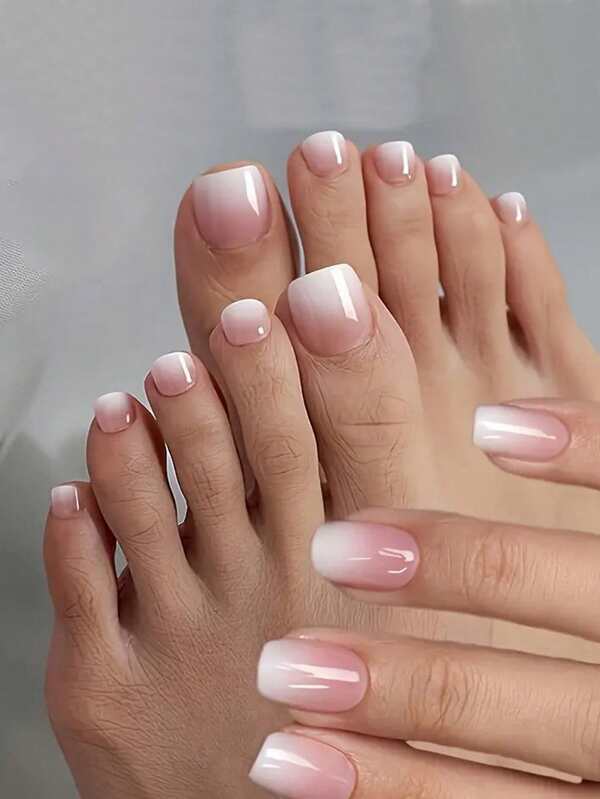 Press-On Ladies' Nail Art Pieces, 24 Pieces For Hands And 24 Pieces For Feet, French-Style Pink Gradient Artificial Nails For The Hands And Feet