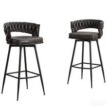 DYHOME Bar Stools, Set Of 2, With Woven Backrest And Foot Cushions, Swivel, PU Leather Cover, Seat Height 79 Cm, Suitable For Kitchen, Dining Room Or Bar Counter - Black - View 2