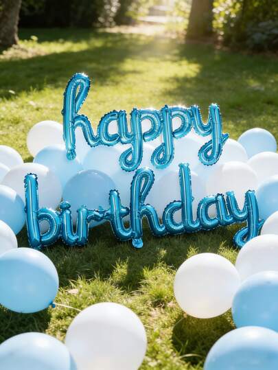 蓝色“生日快乐”铝箔气球套装，含白色和蓝色乳胶气球，男宝宝生日派对装饰套装，儿童派对气球装饰