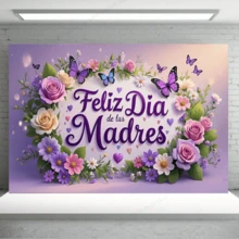 1件西班牙母亲节背景横幅，以鲜花、蝴蝶和紫色配色方案设计，适合节日装饰、派对装饰、生日派对、周年庆典、主题派对装饰、客厅、花园和庭院装饰。 - A - 查看 5