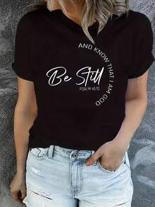 Camiseta de cuello redondo con estampado Be Still, top informal de manga corta - Negro - Ver 6