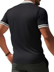 Polo homme casual en tricot doux, respirant et extensible de couleur unie avec impression de couleur contrastée sur la poitrine. Convient pour l'extérieur, la maison et les déplacements. Pièce essentielle polyvalente pour homme - Noir - Voir 5