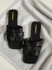 女士平底凉鞋，百搭黑色休闲露趾凉鞋，2025夏季新款休闲沙滩鞋，轻便塑料拖鞋，适合户外穿着 - 黑色 - 查看 2