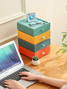 Macaron Color Stackable Desktop Storage Drawers, Fashionable Desktop Organizer Box, Suitable For Office Supplies, Desktop Storage Box (Handle Color Random) Office Desk Accessories Desk Accessories Pen Holder Office Accessories - Macaron Colors - View 10