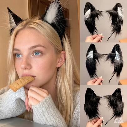 Cute Cat Ear Headband, Inspired By Wolf And Fox, Ideal For Cosplay. This Washable Accessory Features A Black Design With Sweet, Fluffy Ears, Making It A Perfect Choice For Anime Fans And A Great Halloween Gift.