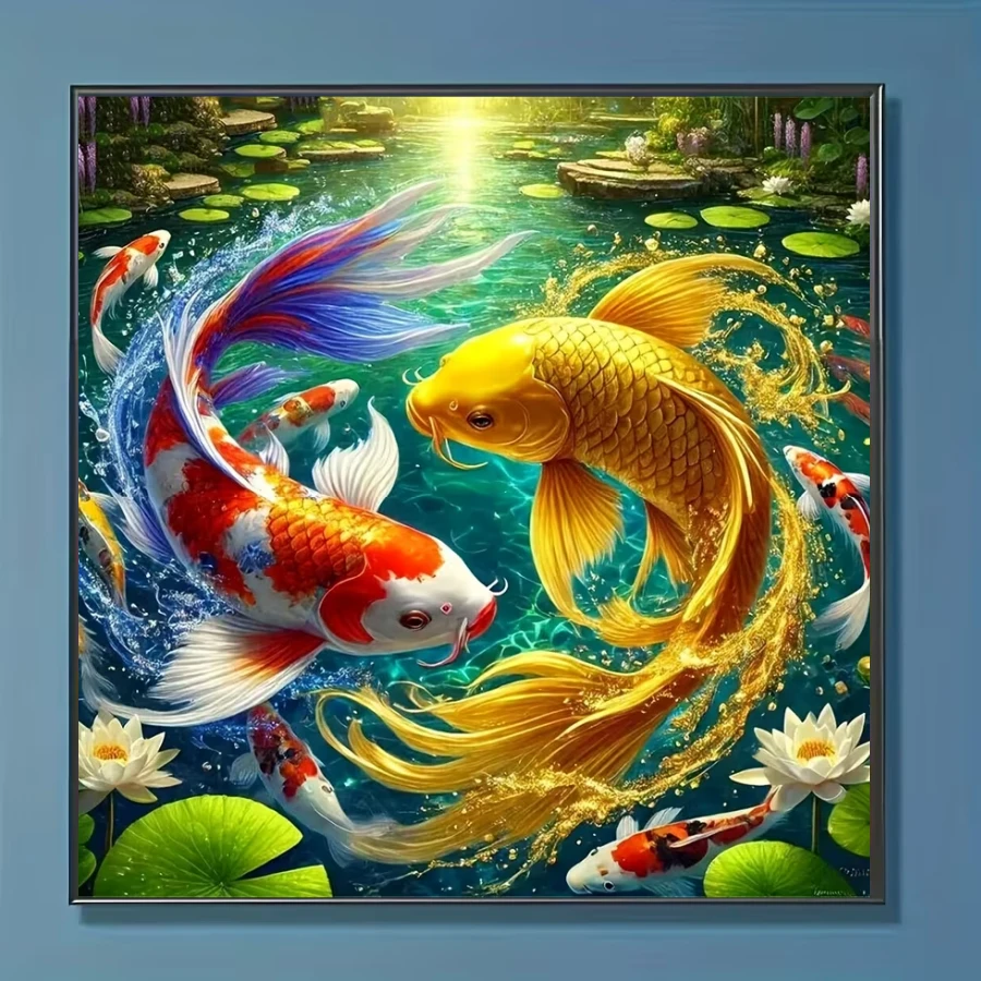 1件装新款锦鲤主题钻石画套装，5D圆形水晶钻石马赛克DIY工艺品，适合制作手工礼物、客厅卧室装饰，适用于宰牲节、父亲节、母亲节、婚礼、五一劳动节、复活节、圣诞节、情人节等节日，无框