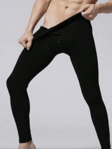 Men's Thermal Flannel Tights With Front Button, Lined, Warm, Footless, Winter - Black - View 2