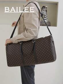 1个休闲商务大容量通用印花PU皮革拉链双提手可调节肩带时尚旅行包，男女皆宜，适合度假、商务旅行、上学、行李箱包、手提包、旅行包，大容量，耐用，夏季度假必备，旅行用品，旅行配件 - 棕色 - 查看 2