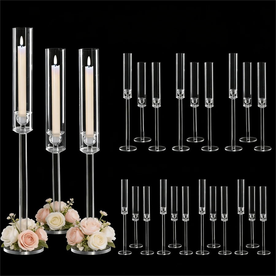 24Pcs Clear Candelabra Candle Holder,Acrylic Taper Candle Tall Candlestick Holder With Cylinder Shade For Wedding Dinner Party Graduation Christmas Event Home Table Decorations,No Candles Included - 燭台透明 - 查看 1
