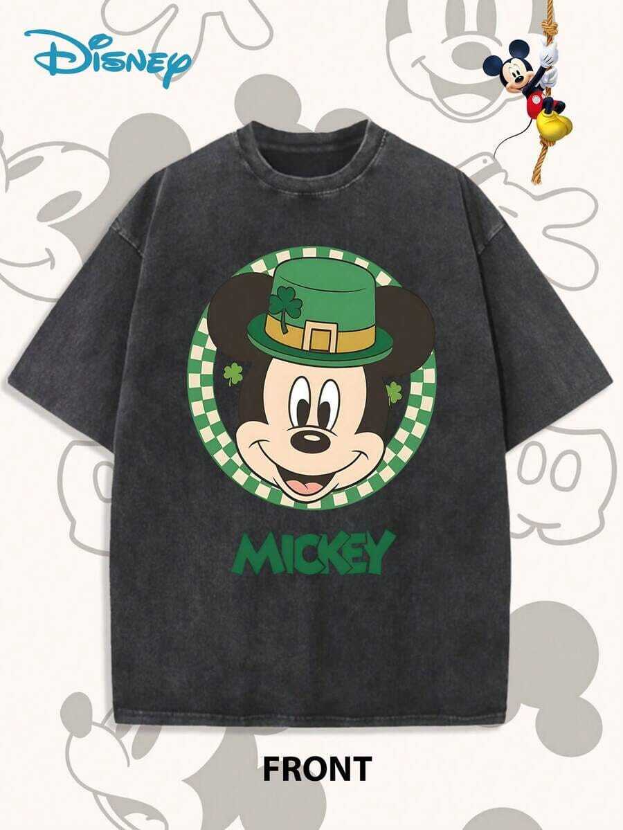 Disney, Mickey Mouse Pattern, Washed Pure Cotton Short Sleeved Men's Summer T-Shirt, Distressed Effect, One-Piece Design, Pure Cotton Fabric, Comfortable And Breathable, Casual Outdoor Street Style, Round Neck; A High-Quality Fashion Brand Is The Ideal Surprise Gift For Family And Friends. - 黑色 - 查看 1